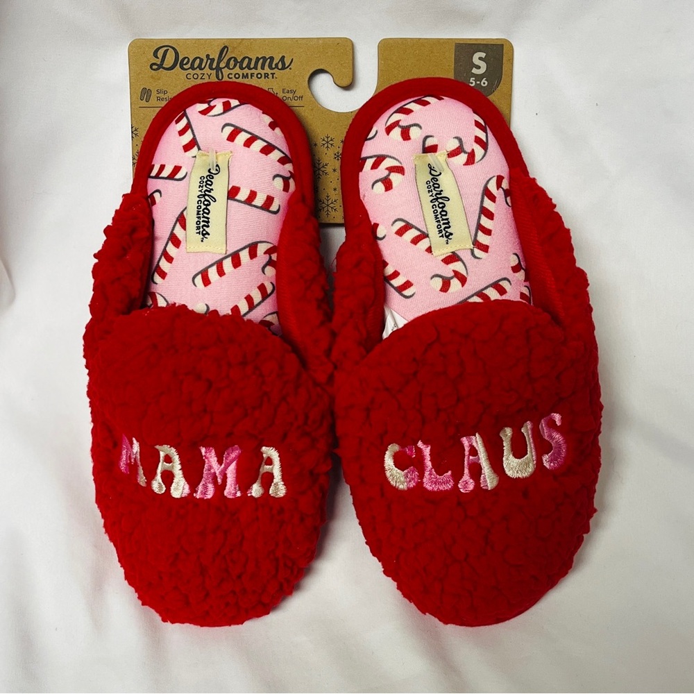 Dearfoams, NWT,  Red and Pink Candy Cane Slippers, “Mama Claus”,  9.5” length